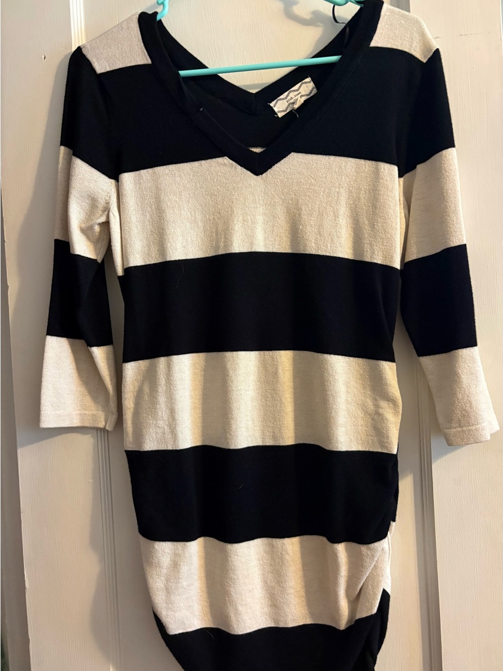 Pink Rose Black and Cream Wide-Stripe V-Neck Sweater